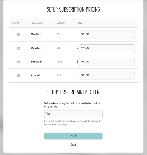 set up retainer subscription pricing